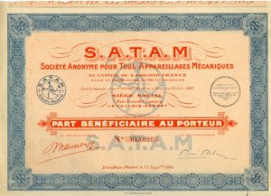 Part bénéficiaire au porteur (société Satam), 1926